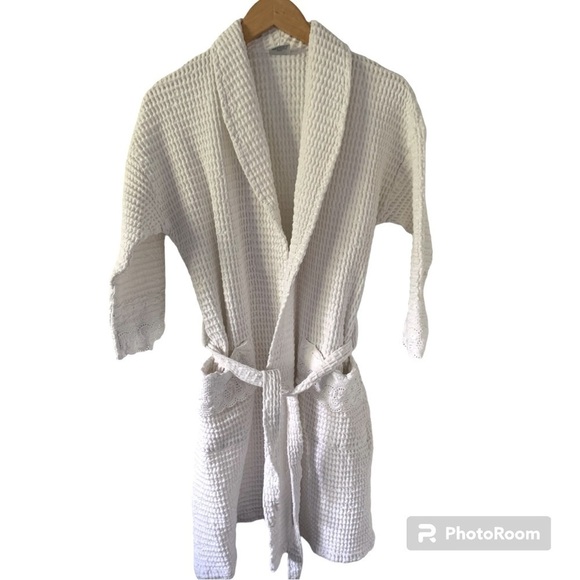 Women’s 100% Cotton White Waffle Knit Robe with Eyelet Accent Trim - Picture 1 of 15